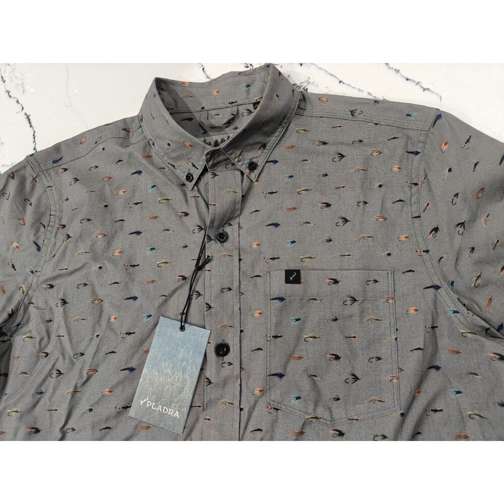 NEW Pladra Men S/S Grey Outdoor Aloha Shirt Steelhead Flies Fishing Lures MED